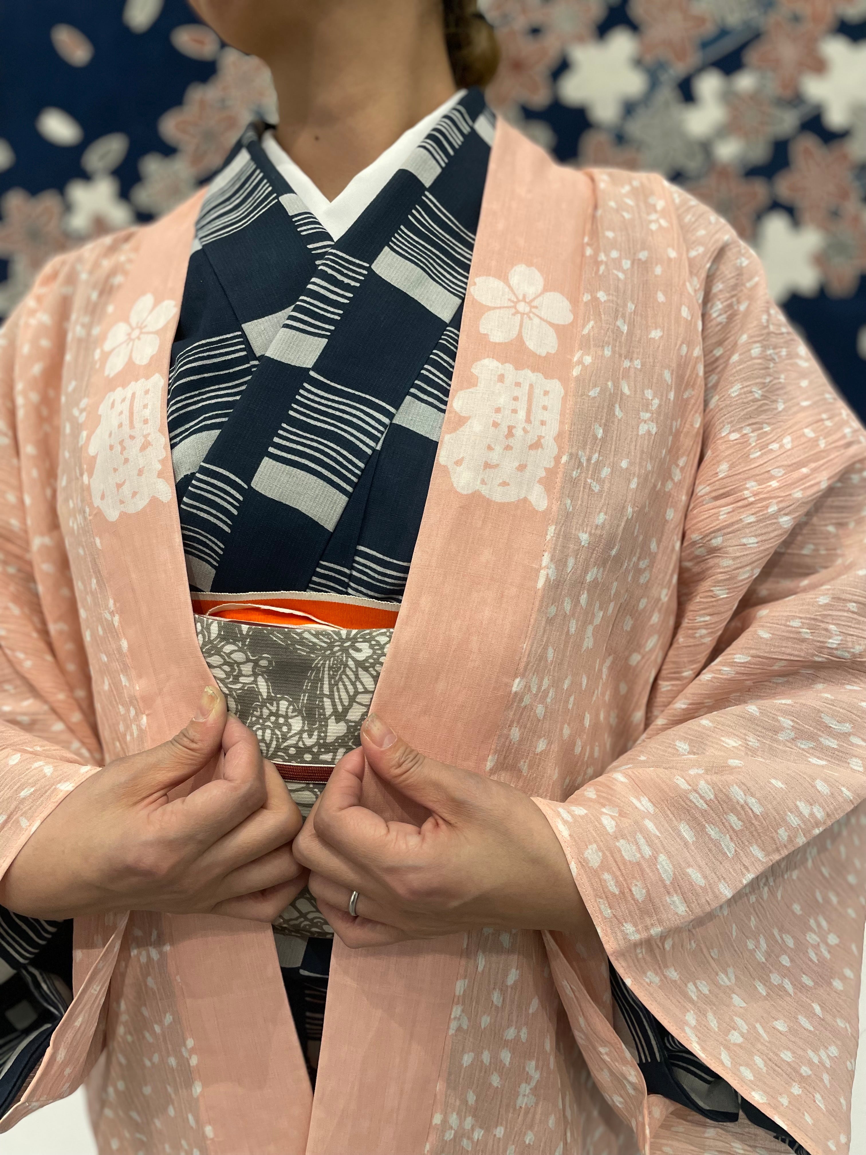 Traditional Hanten Sakura Peach Linen Haori - Ojiya Chijimi (Ramie)