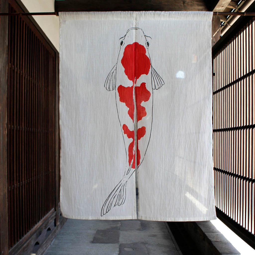 Ancient Tactility: Hand-Dyed Nishiki-koi Ojiya Chijimi Ramie Noren Curtain (Yuki-shiro White)