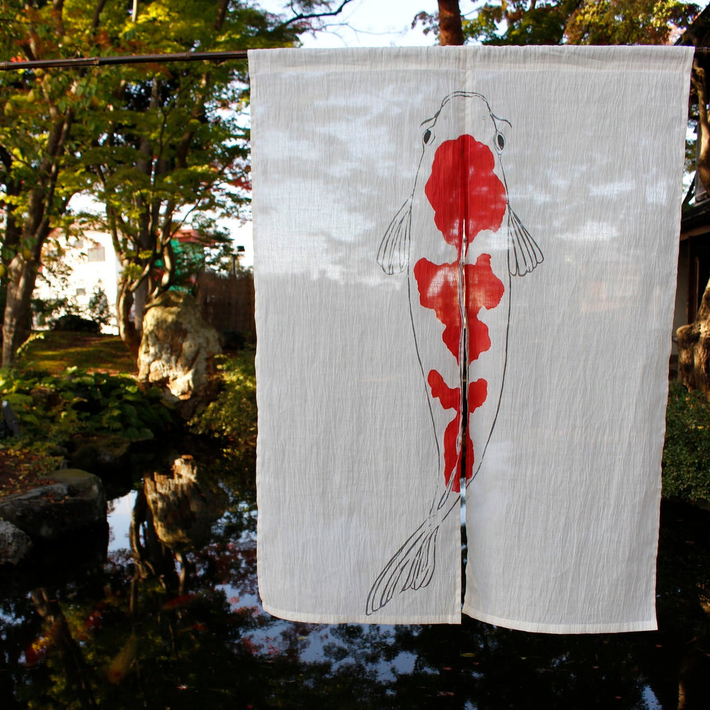 Ancient Tactility: Hand-Dyed Nishiki-koi Ojiya Chijimi Ramie Noren Curtain (Yuki-shiro White)