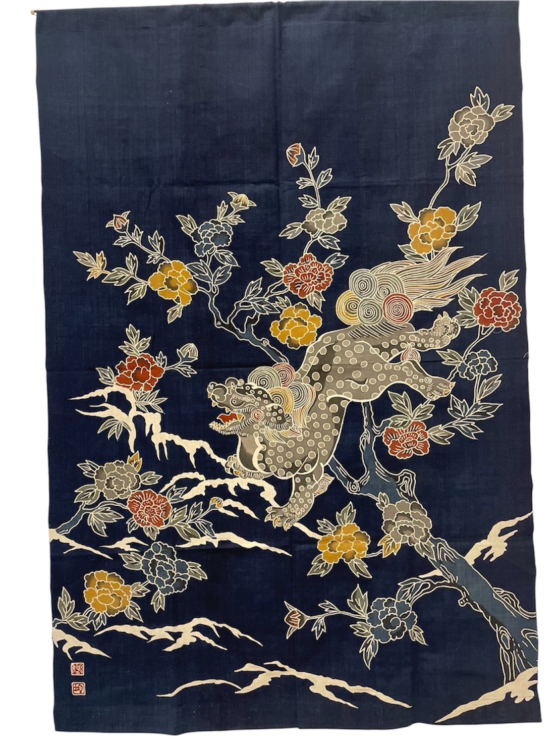 Guardian Lion-Dog : Hand-Dyed Katakai Cotton Tapestry (KONNI 1751)